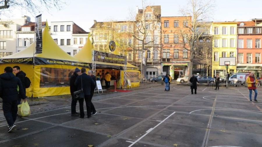 The Scientology Volunteer Ministers’ bright yellow pavilion in the heart of the Belgian city of Antwerp.