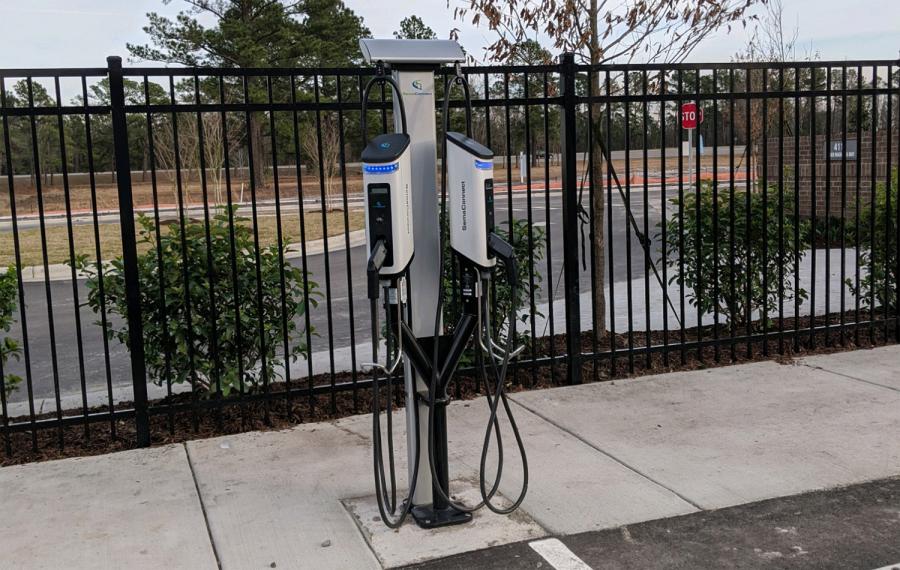 SemaConnect Series 6 smart networked EV charging stations on dual pedestal with cable management system