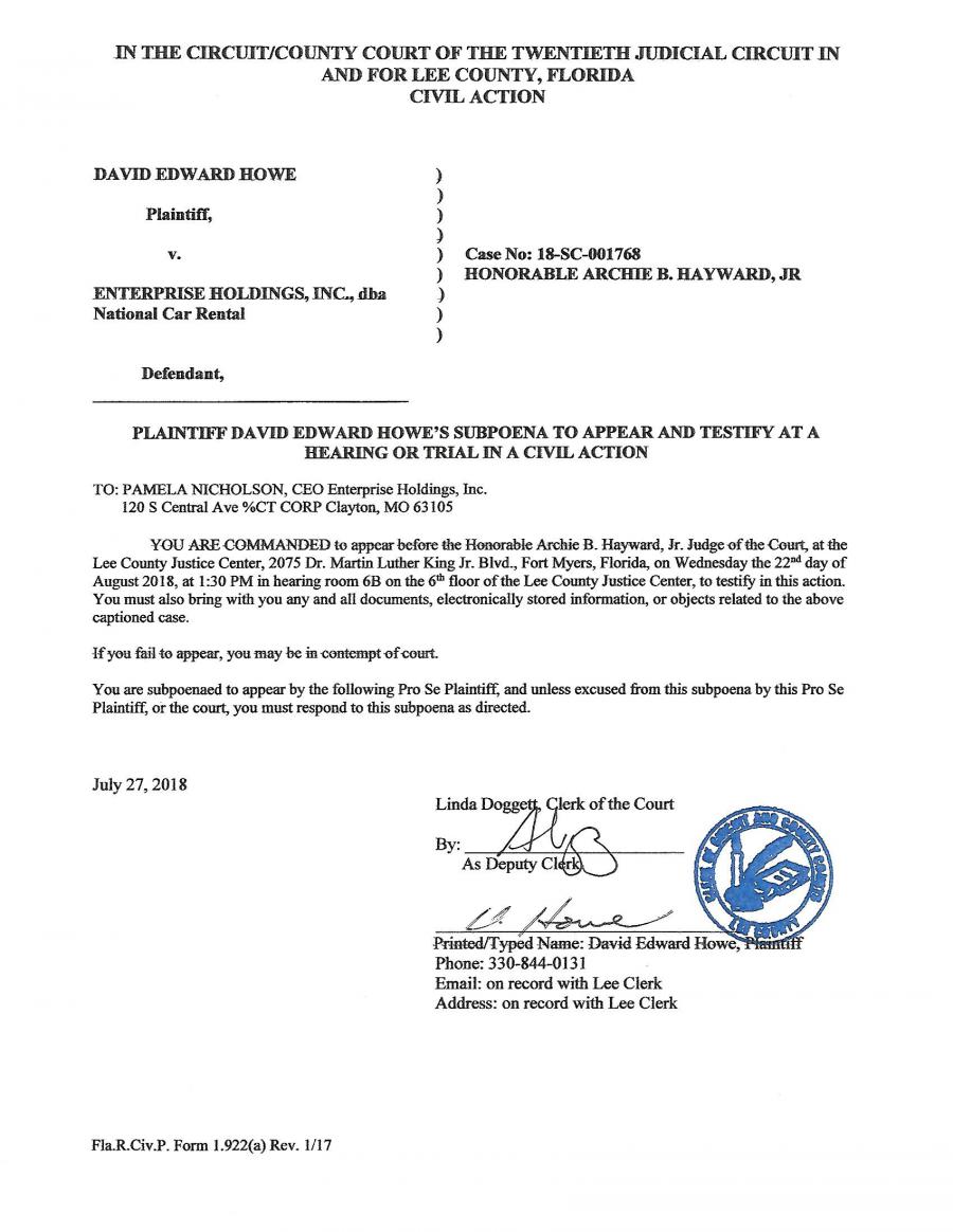 Enterprise Holdings CEO Pamela Nicholson commanded to appear and testify in Lee County civil theft suit