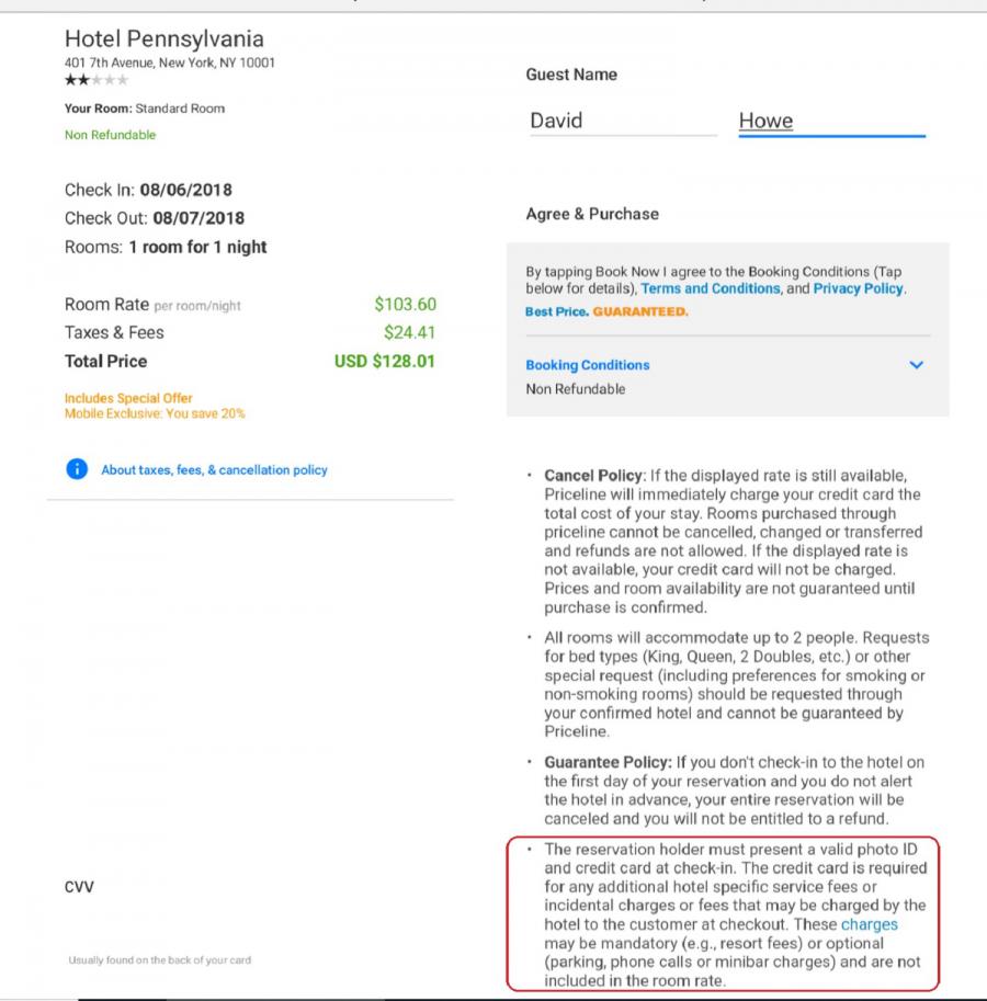 Priceline hotel receipt at time of booking -- 'Facilities' fee undisclosed