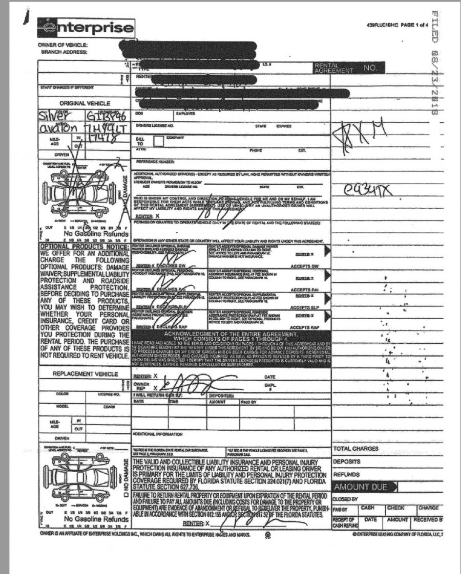 One Lee Court exhibit among a number of others: Enterprise contract undated and questionable for police and others. Agency fails to safeguard video but presents this rudimentary 'damage slip' as evidence of vehicle condition.