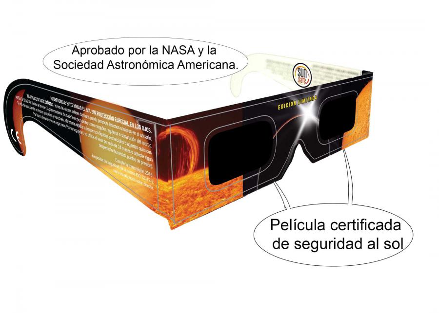 Gafas solar eclipse con rótulos de seguridad