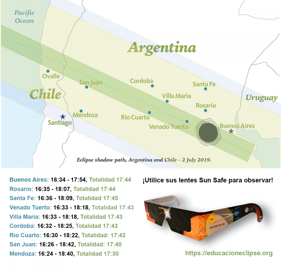 Mapa del Eclipse solar total de Argentina