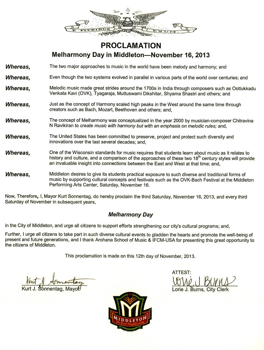 Planet Symphony Day Proclamation from City of Middleton