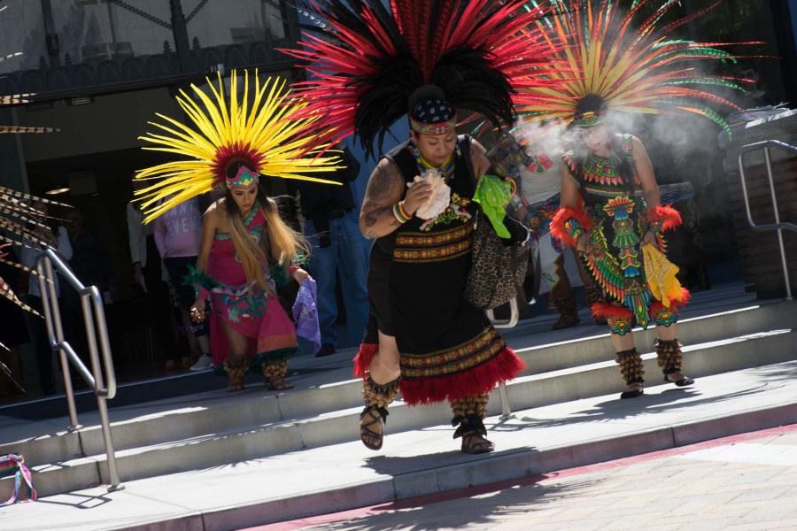 Aztec dancers blessed those attending the first in a series of interfaith forums at the Church of Scientology Los Angeles