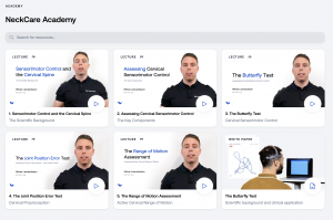 "Screenshot of the NeckCare Academy learning platform displaying educational video lectures by Hilmar Leonardsson on topics including sensorimotor control of the cervical spine, cervical proprioception, and the joint position error test. The interface sho
