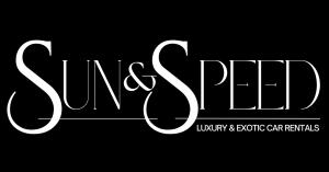 Stylized Sun and Speed text logo in white on a black backgound