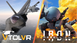 Promotional banner featuring VTOL VR combat jets and IRON REBELLION mech units, highlighting the two VR cockpit simulation games in a side-by-side bundle graphic.