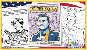 A coloring book documentary beginning with Charlie Kirk’s childhood with storyline and content independently written by the publisher.