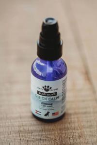 The Quick Calm CBD spray is a convenient calming product for pets, used in Earth Buddy’s study.