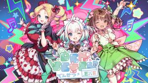 The members of Densetsu.EXE, Mint Fantôme, Victoria Roman, and Phoebe Chan, across a retro-pop background
