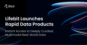 A dark-themed promotional banner with Lifebit logo and headline text: "Lifebit Launches Rapid Data Products – Instant Access to Deeply Curated, Multimodal Real-World Data." Features glowing abstract elliptical shapes.