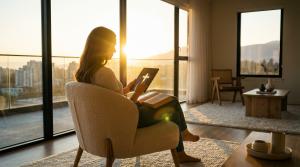 Wide-angle shot of a woman in a modern apartment during golden hour, holding a tablet displaying a glowing cross while reading a physical Bible. The image symbolizes the seamless integration of digital worship tools and traditional scripture for modern sp