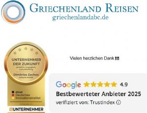 Siegel: Unternehmer der Zukunft und bestbewertetes Unternehmen 2025 – Auszeichnungen für herausragende Expertise, Kundenzufriedenheit und individuelle Griechenland-Reisen.