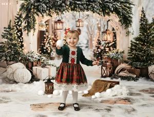 Smiling child standing in a Christmas-themed photo setup created with a Kate Theme Bundle, surrounded by snowy décor and holiday lights.