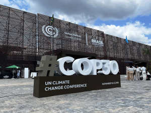 The COP30 sign, which reads #COP30, outside of the venue of COP30 in Belém, Brazil