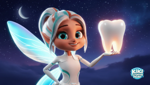 Animated Tooth Fairy holding up a tooth in the palm of her right hand.