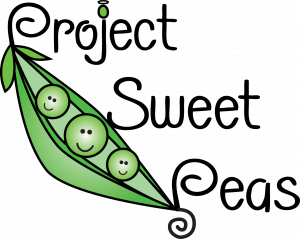 Green pea pod illustration with three smiling peas and the words ‘Project Sweet Peas’ in a playful handwritten font