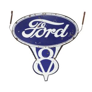 Two Canadian 1930s single-sided porcelain Ford V8 Dealer signs mounted back-to-back, 79 inches by 76 inches, in the original frame, including brackets (CA$38,350).