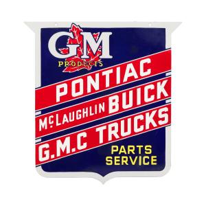Canadian 1930s double-sided porcelain sign for GM Products / Parts / Service (“Pontiac / McLaughlin Buick / G.M.C. Trucks”), unmarked, 31 ¼ inches by 26 inches (CA$31,860).