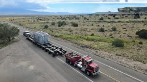 truck and trailer transporting transformer from Texas to Arizona