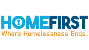 Logo for HomeFirst that is blue and yellow with a keyhole in the "o;" slogan is written underneath as "where homelessness ends"