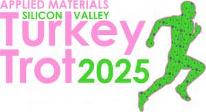 pink and green logo for Applied Material's Turkey Trot Silicon Valley 2025 with a runner icon