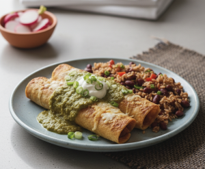 Vegetable enchiladas made with organic corn tortillas and salsa verde, served with brown rice and red beans.