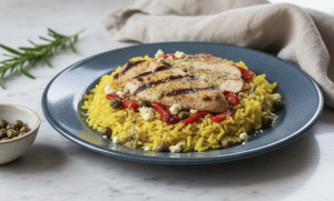 A plated Greek Chicken Bowl featuring grilled chicken, yellow rice, roasted red peppers, and capers, in natural light to highlight its clean, Mediterranean ingredients.