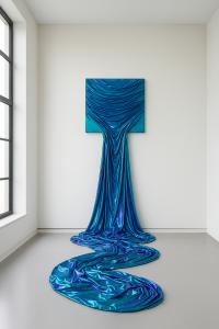 Fabiola., Cosmic Portal by visionary artist Elena Brovelli: a vibrant pro-tension drape in turquoise silk, unfolding as a living threshold between matter and energy, inviting viewers to cross an interior dimension.