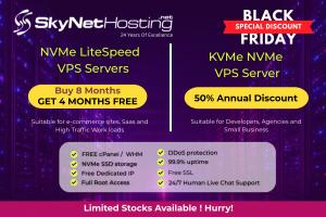 SkyNetHosting Black Friday promotion featuring discounts on NVMe LiteSpeed and KVM VPS servers, including offers such as ‘Buy 8 months, get 4 months free’ and ‘50% annual discount,’ along with features like free cPanel, NVMe SSD storage, DDoS protection,
