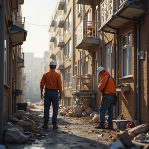 Construction workers wearing protective gear while conducting site audits and safety inspections on an active job site.