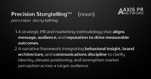 A black gradient background displaying a dictionary-style definition of Precision Storytelling™, including phonetic spelling, part of speech, and two strategic definitions, with the Axis PR Network logo in the top right corner.