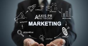 A marketing concept graphic with icons for messaging, targeting, research, and content surrounding the Axis PR Network logo.