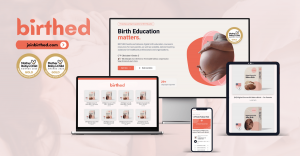 Screens showing the JoinBirthed.com digital platform across laptop, tablet, and mobile, with BIRTHED branding and two Gold Award badges for “Newborn Education Program” and “Best Education Platform.”