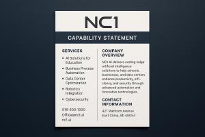 Image showing the NC1 AI Capability Statement, highlighting the company’s focus on artificial intelligence, automation, cybersecurity solutions, robotics systems, and enterprise modernization offerings.