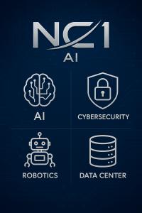 NC1 AI graphic featuring icons for AI, cybersecurity, robotics, and data center technology, showing the company’s main focus areas in automation and digital modernization.