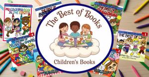 A top-down view of The Best of Books children’s series, with all seven illustrated titles spread across a table alongside colorful pencils and the official series logo.
