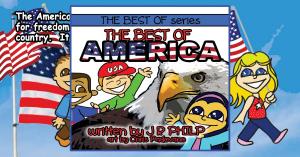 The front cover of The Best of America placed over the book’s opening page, showing two children holding American flags high as they discuss the Pledge of Allegiance.