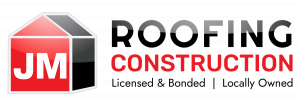 Logo for JM Roofing and Construction, featuring a stylized house icon with the letters 'JM' on the side.