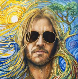Painting of a bearded man with long hair and sunglasses, blending with nature. Sun and waves on left, swirling tree on right, evoking freedom.