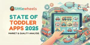 State of Toddler Apps 2025 report by Little Wheels showing tablet with toddler educational app icons and market analysis title