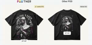 Side-by-side comparison showing the size difference between PODpartner's 24x24 inch Jumbo print covering the full back versus a standard 12x16 inch print from other POD providers.