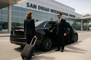 Professional chauffeur assisting a traveler at San Diego International Airport beside a luxury black sedan, representing Richline Transportation’s premium airport transfer service.