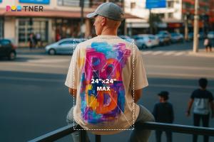 Back view of a model wearing an oversized t-shirt featuring PODpartner's new 24x24 inch Jumbo DTG printing option.
