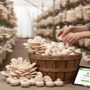 Basket of fresh oyster and button mushrooms being sorted in a mushroom farm, representing Gachwala’s support for small farmers and micro-entrepreneurs