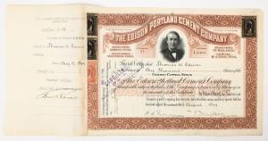 Edison Portland Cement Company stock certificate #21, issued in 1899 to Thomas Edison for 1,000 shares and signed twice by Edison (on the certificate and the attached stub). Estimate: $1,500-$2,500.