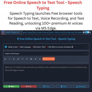 Screenshot of the Speech Typing website interface showing the Free Speech to Text editor, Voice Recorder tool, and Text Reader options available for free online without subscription.