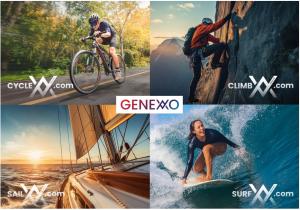This is an image showing an example of four domains in the GENEXXO ecosystem - CYCLEXX.com, CLIMBXX.com, SAILXX.com and SURFXX.com