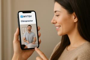 Woman with phone   “Woman scrolling MYTSV.com on her smartphone, watching a chiropractor’s video profile.”